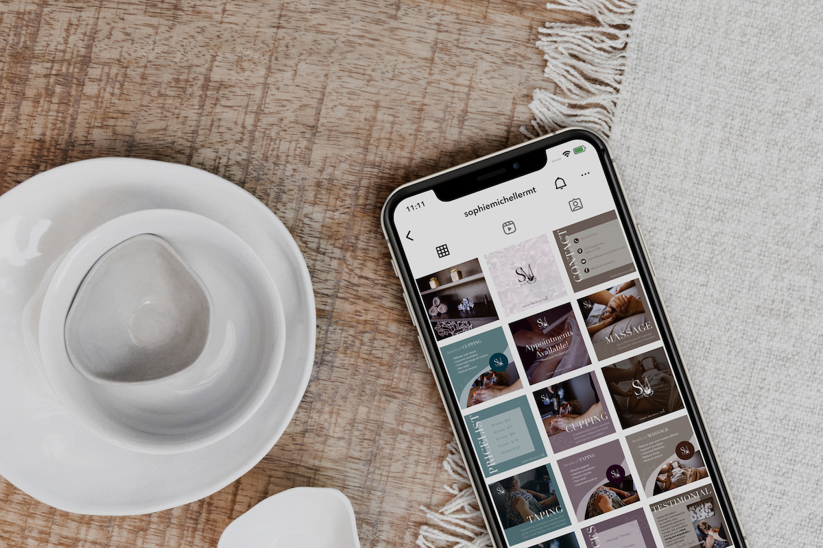 Sample Instagram feed showing on a mobile phone with linen and handthrown pottery as props